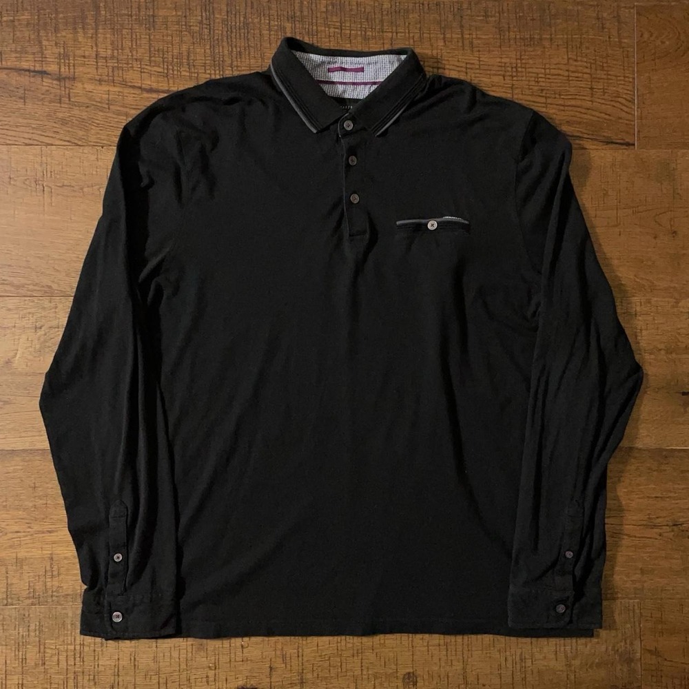 Ted Baker Polo Shirt Mens 7 XL Black Dark Academia Long Sleeve Chest Pocket